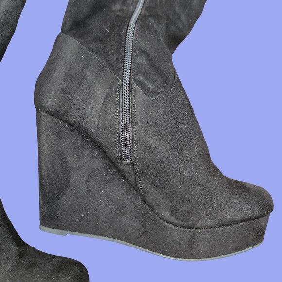 Y2K Black Platform Wedge Knee High Boots Size 8 Faux Suede Zippers Indie Sleaze - Picture 3 of 13